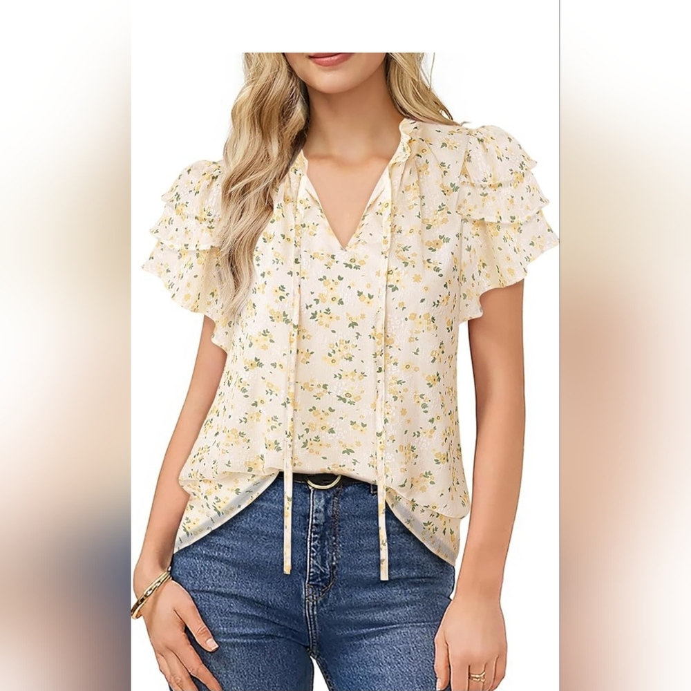 Floral Ruffle Sleeve Blouse - Cream